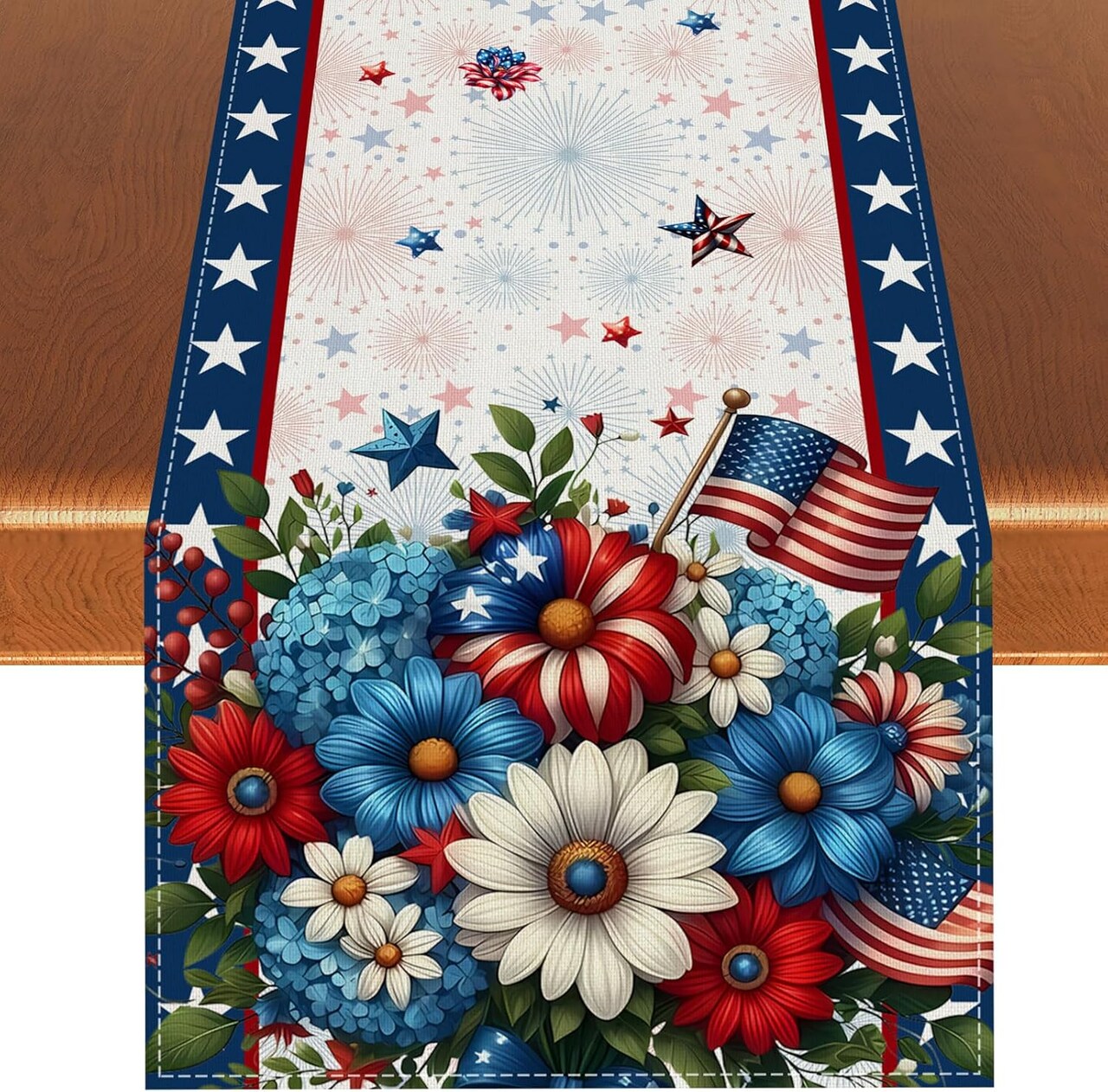 Memorial Day Patriotic 4th of July Table Runner – Red White and Blue Flowers Table Decor, Veterans Day & Independence Day Decorations for Home Kitchen Table, 13×72” – Perfect 4th of July TableTop Decor